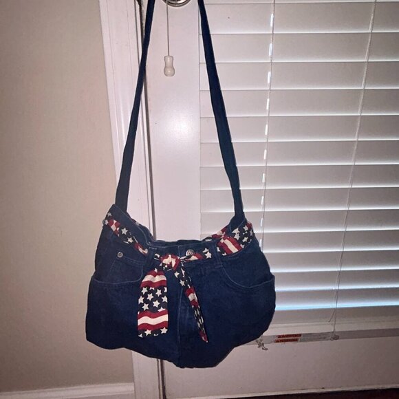 Repurposed Upcycled Denim Purse USA Patriotic Flag Shoulder Bag Bonjour Jeans - Picture 13 of 13